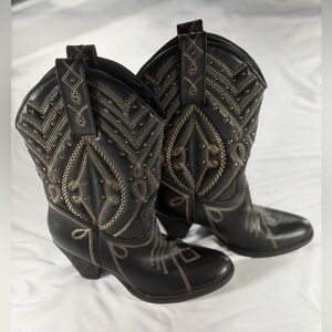 Very Volatile Black and Gold Embroidered Heeled Boots